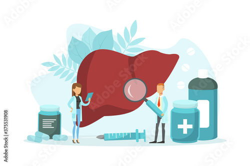 Tiny Doctors Examining Huge Human Liver with Magnifier, Man and Woman Doctors Doing Medical Research Flat Vector Illustration