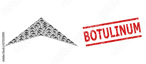 Fractal collage arrowhead up and Botulinum dirty stamp seal. Vector collage is designed with randomized arrowhead up elements. Seal includes Botulinum text between parallel lines.