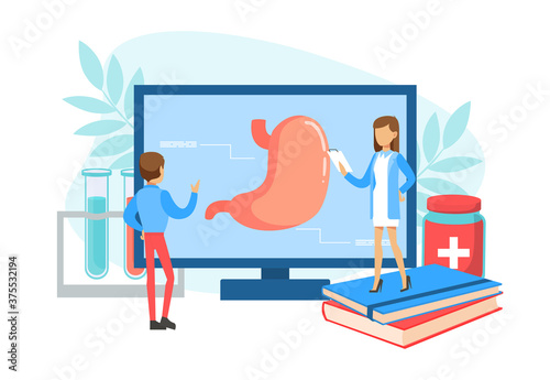 Tiny Gastroenterologist Doctors Examining Stomach on Computer Screen, Man and Woman Doctors Doing Medical Research, Online Doctor Consultation Technology Vector Illustration.