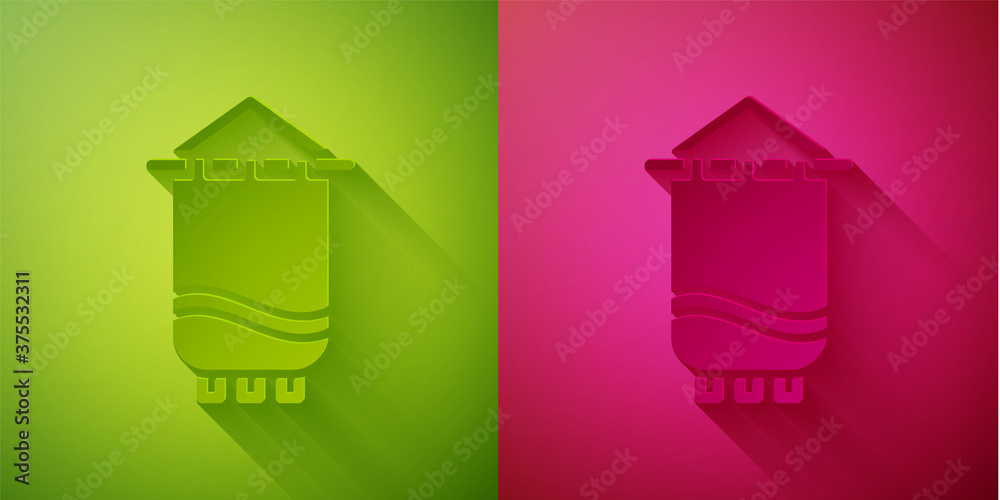 Paper cut Medieval flag icon isolated on green and pink background. Country, state, or territory ruled by a king or queen. Paper art style. Vector. Paper cut Medieval flag icon isolated on green and pink background. Country, state, or territory ruled by a king or queen. Paper art style. Vector.