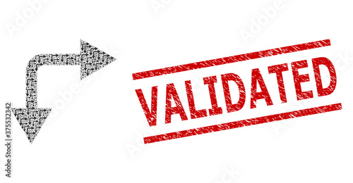 Recursive composition bifurcation arrow right down and Validated corroded stamp seal. Vector mosaic is done from recursive bifurcation arrow right down elements.