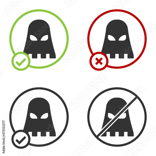 Black Executioner mask icon isolated on white background. Hangman, torturer, executor, tormentor, butcher, headsman icon. Circle button. Vector.