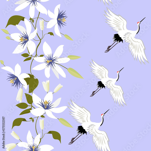 Seamless vector illustration with colors of clematis and birds