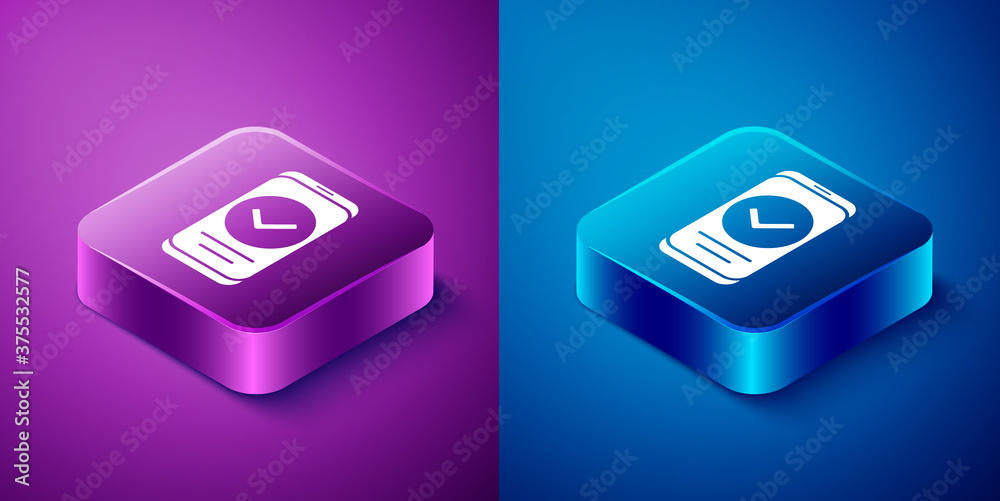 Isometric Smartphone, mobile phone icon isolated on blue and purple background. Square button. Vector. Isometric Smartphone, mobile phone icon isolated on blue and purple background. Square button. Vector.