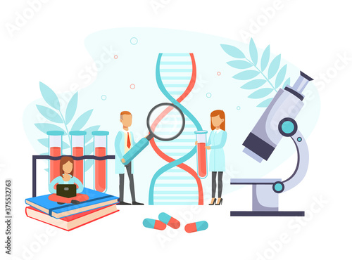 Tiny Doctors Making Blood Laboratory Analysis with Microscope, Doctors Doing Medical Research in Lab Flat Vector Illustration