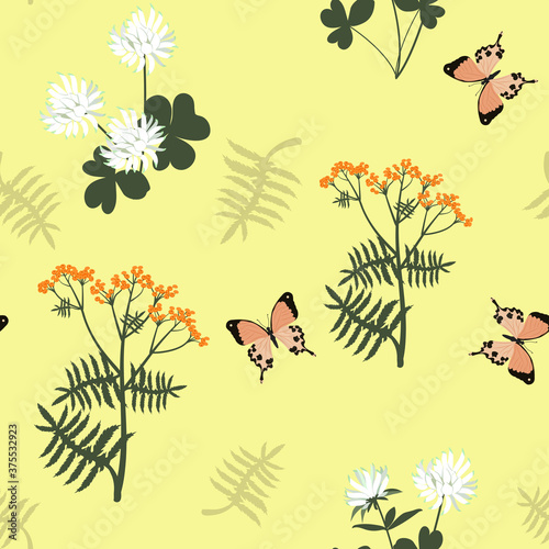 Seamless vector illustration with tansy flowers,clovers and butterflies