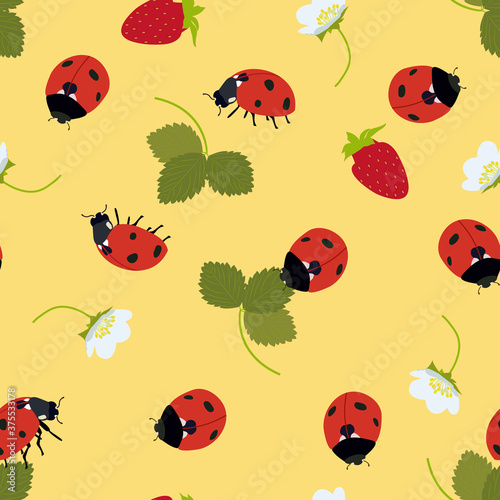 Seamless vector illustration with cute ladybugs and strawberries © Nadezhda