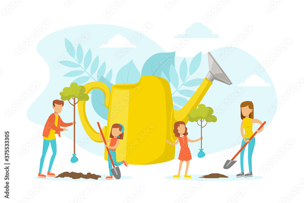 People Taking Care about Planet Ecology, Tiny Characters Planting Trees, Ecology and Environment Protection Concept Flat Vector Illustration