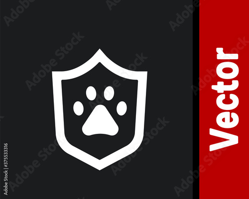 White Animal health insurance icon isolated on black background. Pet protection concept. Dog or cat paw print. Vector.