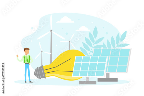 People Taking Care about Ecology, Alternative Source of Renewable Energy, Ecology and Environment Protection Concept Flat Vector Illustration