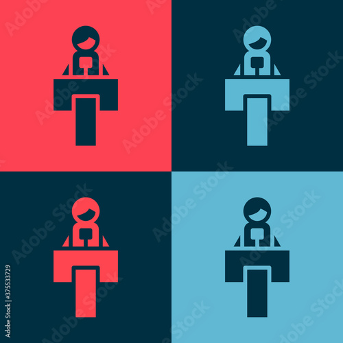 Pop art Stage stand or debate podium rostrum icon isolated on color background. Conference speech tribune. Vector.