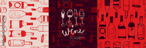 Wine club logo with hand-drawn vector seamless pattern bottles silhouettes. Wine estate logo of shop emblems, festival design, vintage winery identity. Drawings for vineyard and grape-themed concept.