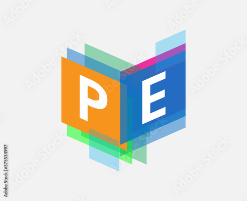 Letter PE logo with colorful geometric shape, letter combination logo design for creative industry, web, business and company.