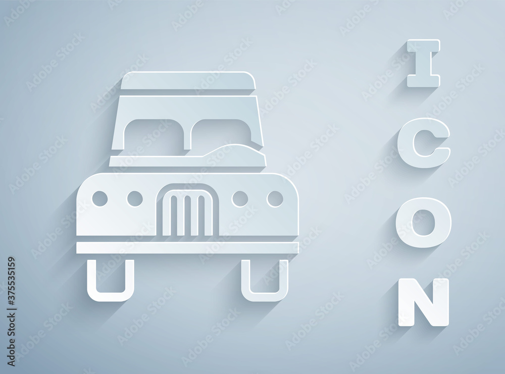 Paper cut Car icon isolated on grey background. Front view. Paper art style. Vector. Paper cut Car icon isolated on grey background. Front view. Paper art style. Vector.