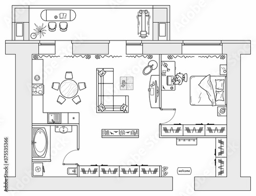 Architectural plan of studio apartment with kitchen and bedroom. Small house top view. Floor plan with furniture placement. The interior design project. Vector.