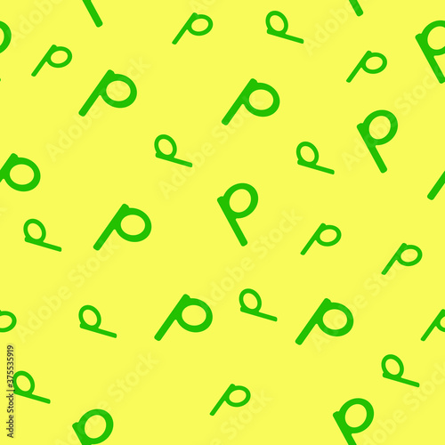 Green seamless pattern with the letter p on a yellow background. Minimalistic freehand drawing style. Background for fabric, wallpaper, bed linen. Vector illustration.