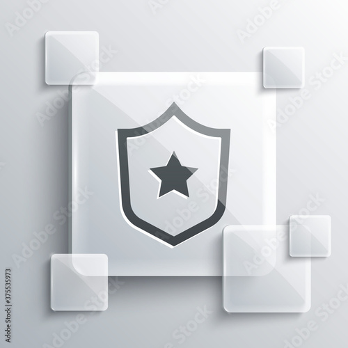 Grey Police badge icon isolated on grey background. Sheriff badge sign. Shield with star symbol. Square glass panels. Vector.