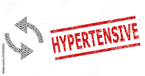 Recursive combination exchange arrows and Hypertensive corroded stamp seal. Vector collage is composed from recursive exchange arrows items. Seal includes Hypertensive caption between parallel lines.