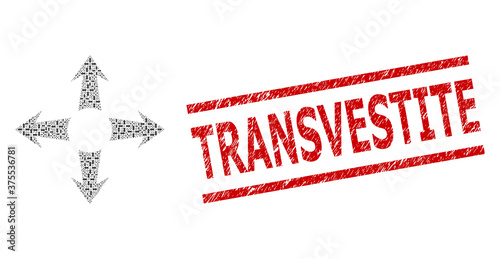 Fractal composition expand arrows and Transvestite rubber stamp seal. Vector mosaic is constructed from random expand arrows icons. Stamp seal includes Transvestite text between parallel lines.