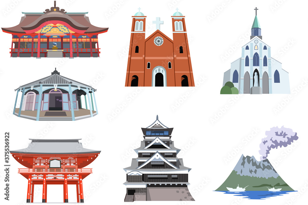 日本観光地イラストアイコン 九州編 Stock Illustration Adobe Stock