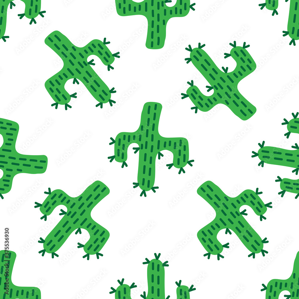 Naklejka premium Seamless Botanical green and white desert flora . Cartoon cactuses and succulents for fabric, wallpaper