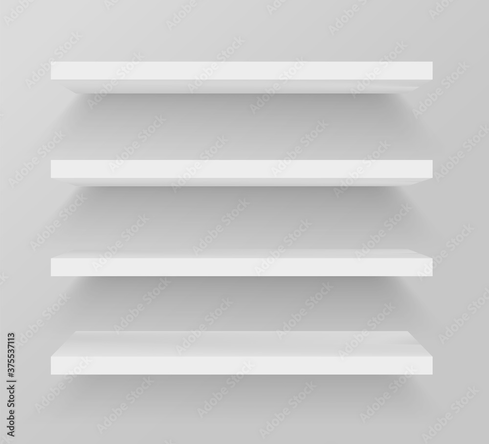 Clean shelf on wall. Modern 3D book shelves with shadow. Empty store stand in the supermarket, front view.