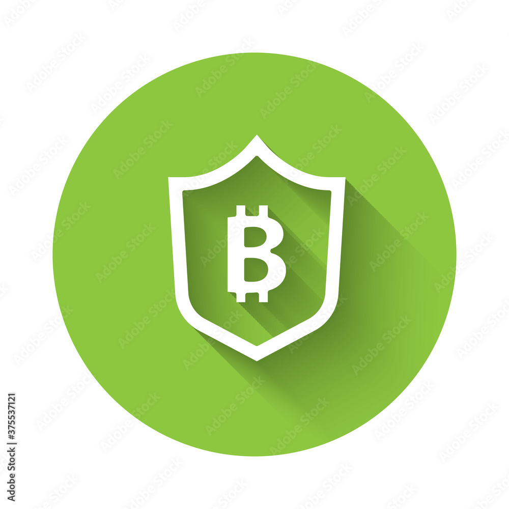 White Shield with bitcoin icon isolated with long shadow. Cryptocurrency mining, blockchain technology, security, protect, digital money. Green circle button. Vector.