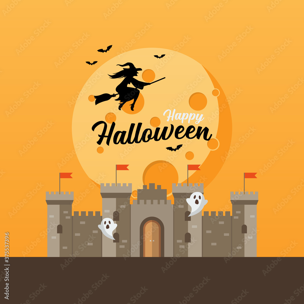 Castle with witch flying over the moon