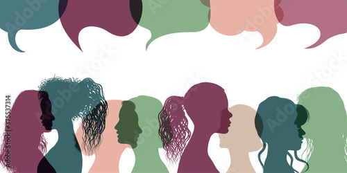 Silhouette group multiethnic women who talk and share ideas and information. Communication and friendship women or girls diverse cultures. Women social network community. Speech bubble