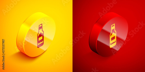 Isometric Tabasco sauce icon isolated on orange and red background. Chili cayenne spicy pepper sauce. Circle button. Vector.