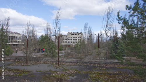 The Polissya hotel is one of the tallest buildings in the abandoned city of Pripyat, Ukraine (which was affected by the Chernobyl disaster). photo