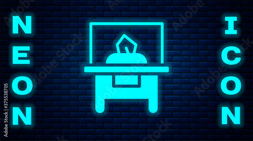Glowing neon Glass showcase for exhibit icon isolated on brick wall background. Vector.