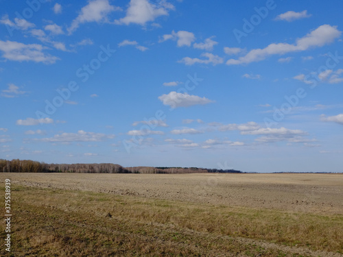 A plowed field on a sunny spring day. Blue sky over farmland. Landscape.