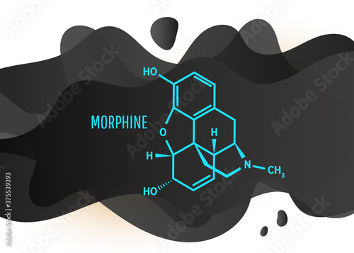 Morphine chemical formula, opium alkaloid with black liquid fluid shapes on white background