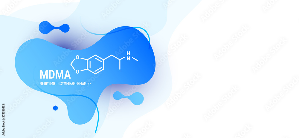 MDMA Chemistry skeletal formula with blue liquid fluid shapes on white background MDMA Chemistry skeletal formula with blue liquid fluid shapes on white background