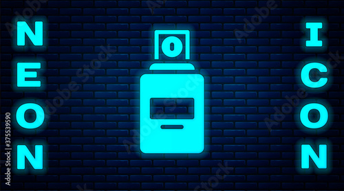 Glowing neon Perfume icon isolated on brick wall background. Vector.