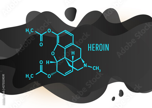 Heroin structural chemical formula with black liquid fluid shapes on white background