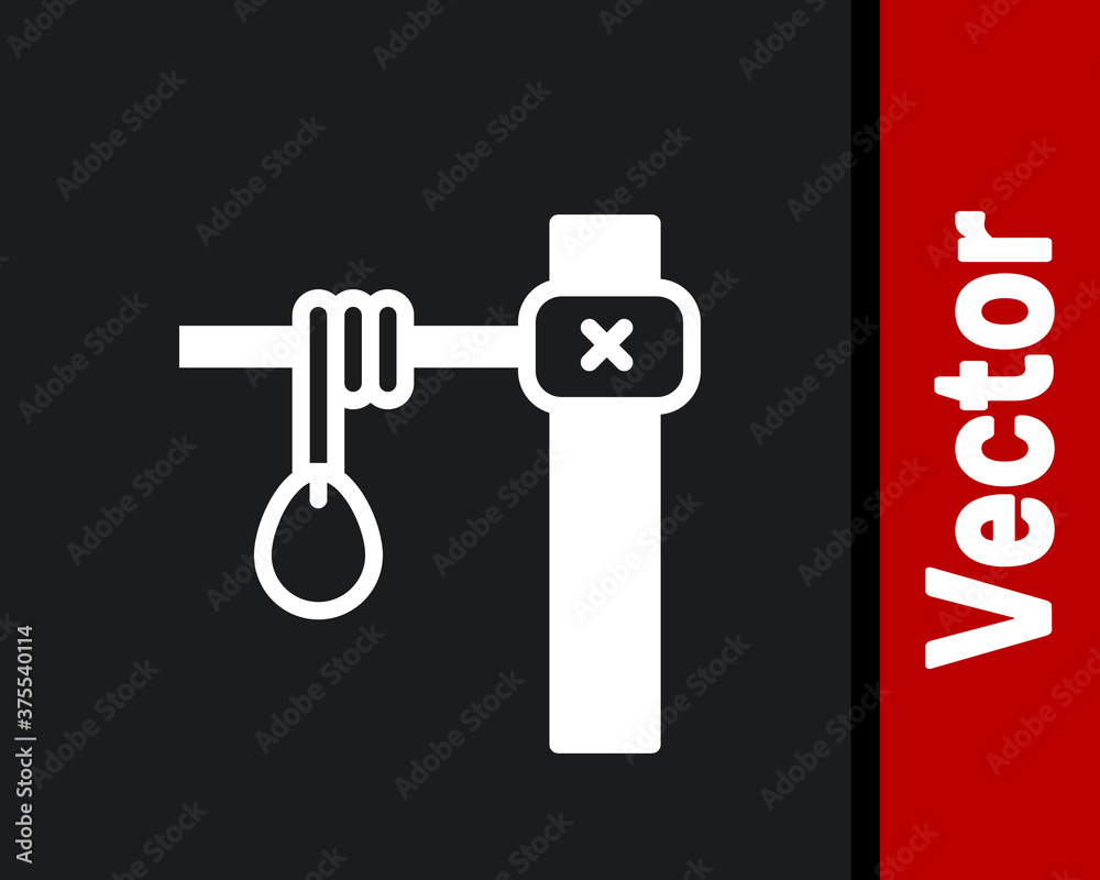 White Gallows rope loop hanging icon isolated on black background. Rope tied into noose. Suicide, hanging or lynching. Vector. White Gallows rope loop hanging icon isolated on black background. Rope tied into noose. Suicide, hanging or lynching. Vector.