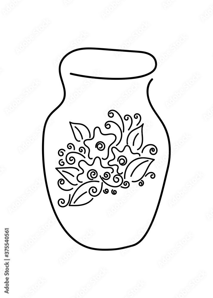 The outline of the jug, flowers and leaves are drawn by hand. Graphics . Vector illustration for design The outline of the jug, flowers and leaves are drawn by hand. Graphics . Vector illustration for design
