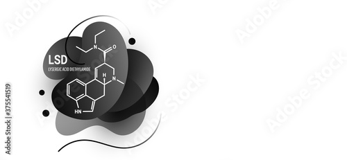 Lysergic acid diethylamide LSD, also known colloquially as acid, structural chemical formula with black liquid fluid shapes on a white background