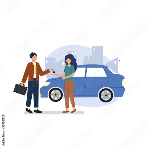 A woman and a man make a deal to buy and sell a car. The dealer gives the girl the keys to the car. Vector flat cartoon illustration. The concept of trafficking in vehicles.