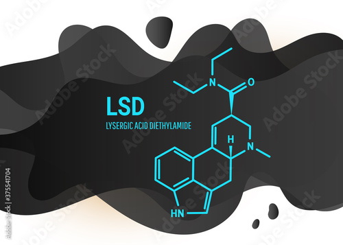 Lysergic acid diethylamide LSD, also known colloquially as acid, structural chemical formula with black liquid fluid shapes on a white background