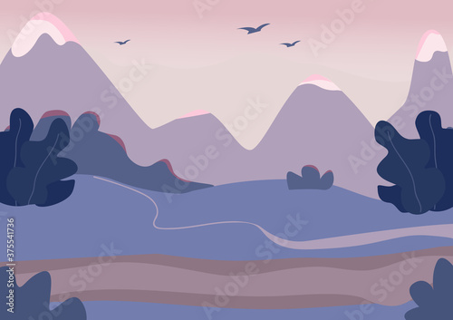 Mountain terrain flat color vector illustration. Soft dusk. Rough country. Evening shades. Mountainous area with spectacular scenery 2D cartoon landscape with mountains on background