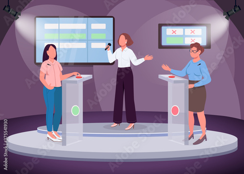 Intellectual show flat color vector illustration. Two girls taking quiz. Intelligent television show. TV channel. Quiz-master. 2D cartoon faceless characters with scene on background