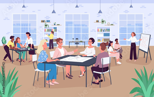 Open office space flat color vector illustration. Workplace. Business ladies. Women work in comfortable environment. 2D cartoon faceless characters with big windows and bookshelves on background