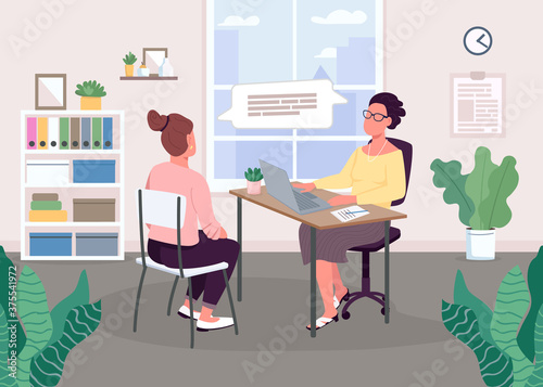 Interviewing session flat color vector illustration. Admonitory talk. Job candidate interview. Vacancy in office. 2D cartoon faceless characters with study interior on background