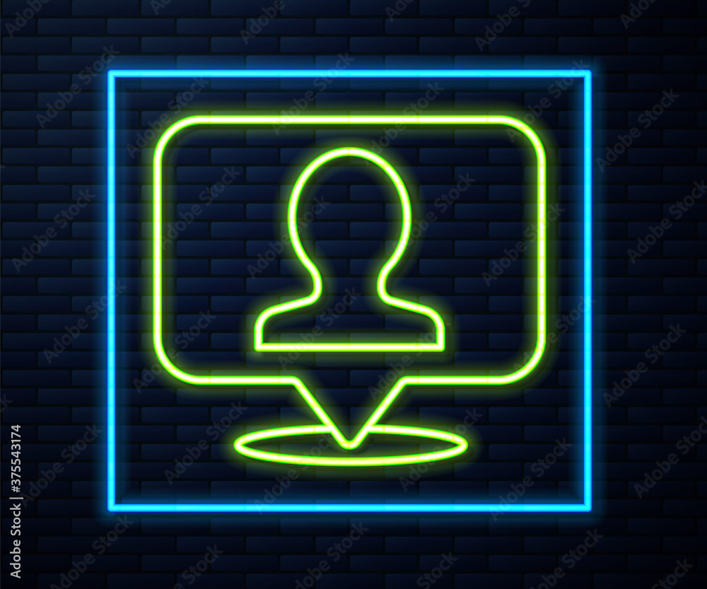 Glowing neon line Map marker with a silhouette of a person icon isolated on brick wall background. GPS location symbol. Vector. Glowing neon line Map marker with a silhouette of a person icon isolated on brick wall background. GPS location symbol. Vector.