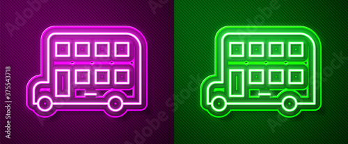 Glowing neon line Double decker bus icon isolated on purple and green background. London classic passenger bus. Public transportation symbol. Vector.