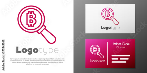 Logotype line Magnifying glass with Bitcoin icon isolated on white background. Physical bit coin. Blockchain based secure crypto currency. Logo design template element. Vector.
