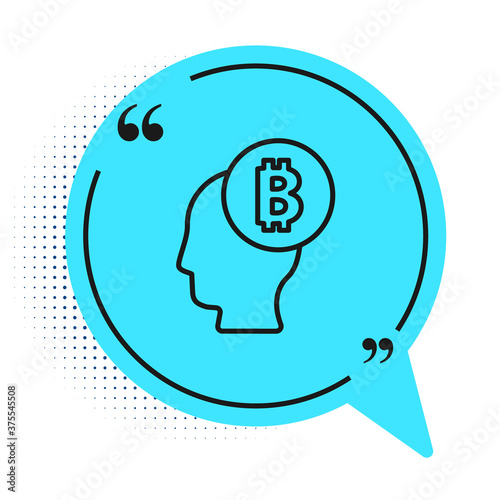 Black line Bitcoin think icon isolated on white background. Cryptocurrency head. Blockchain technology, digital money market, cryptocoin wallet. Blue speech bubble symbol. Vector.